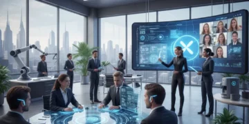 Professionals collaborating in a modern hybrid work environment, blending in-office and remote team members.