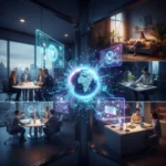 The Future of Remote Work: 2026 Market Trends & Hybrid Models Professionals collaborating in a futuristic hybrid work environment with digital connections