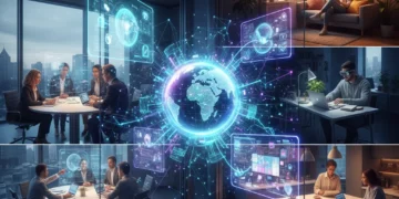 Professionals collaborating in a futuristic hybrid work environment with digital connections