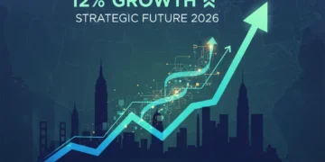 Dynamic investment growth chart with US city skyline background, symbolizing high returns.