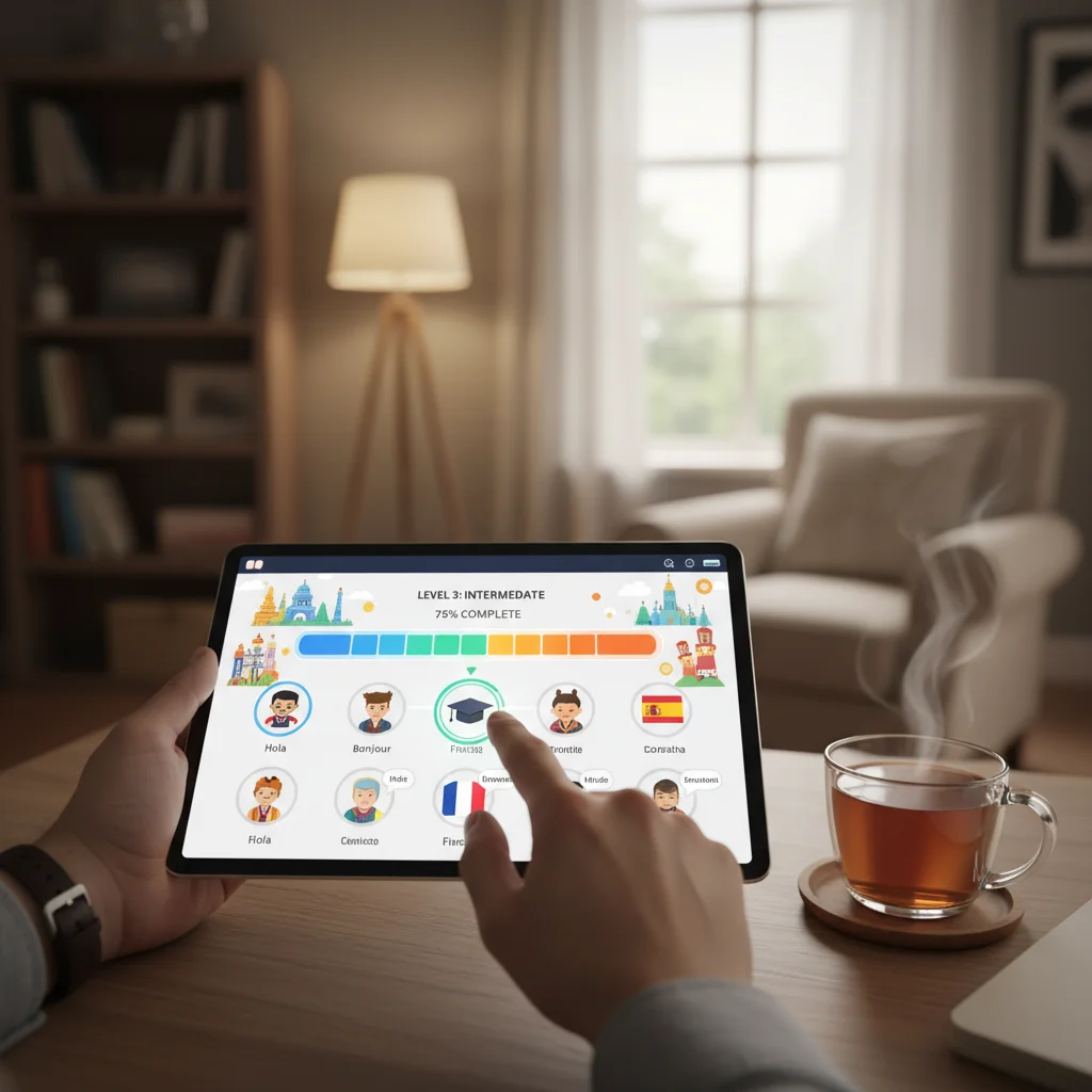 Person using a language learning app on a tablet for skill development.
