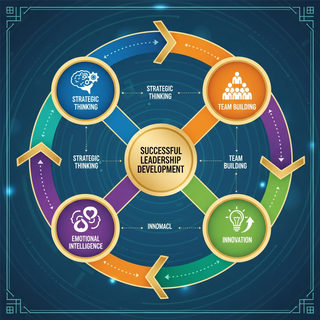Infographic detailing strategic thinking, emotional intelligence, and team building in leadership.