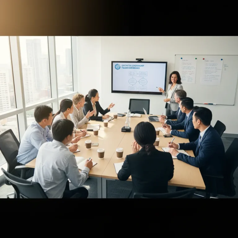 Diverse professionals actively participating in a leadership development workshop, collaborating and learning.