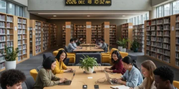 People using digital devices in a modern public library for e-learning, with a future deadline highlighted.