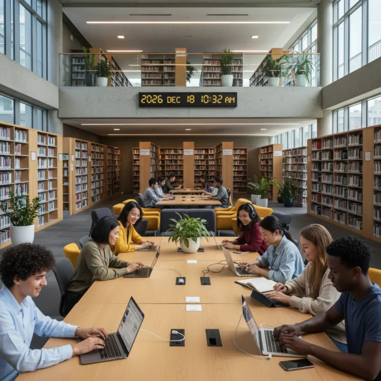 People using digital devices in a modern public library for e-learning, with a future deadline highlighted.