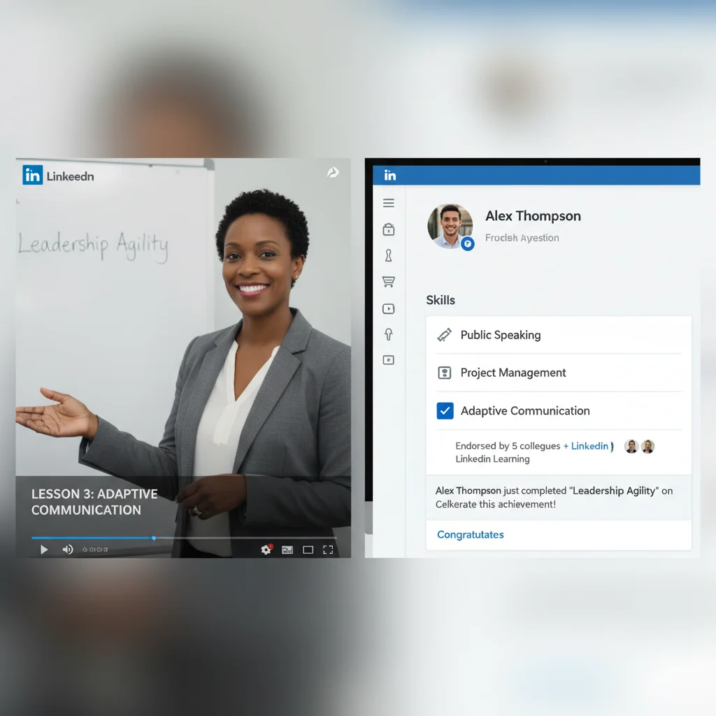 LinkedIn Learning interface displaying a video lesson and integration with a professional profile.
