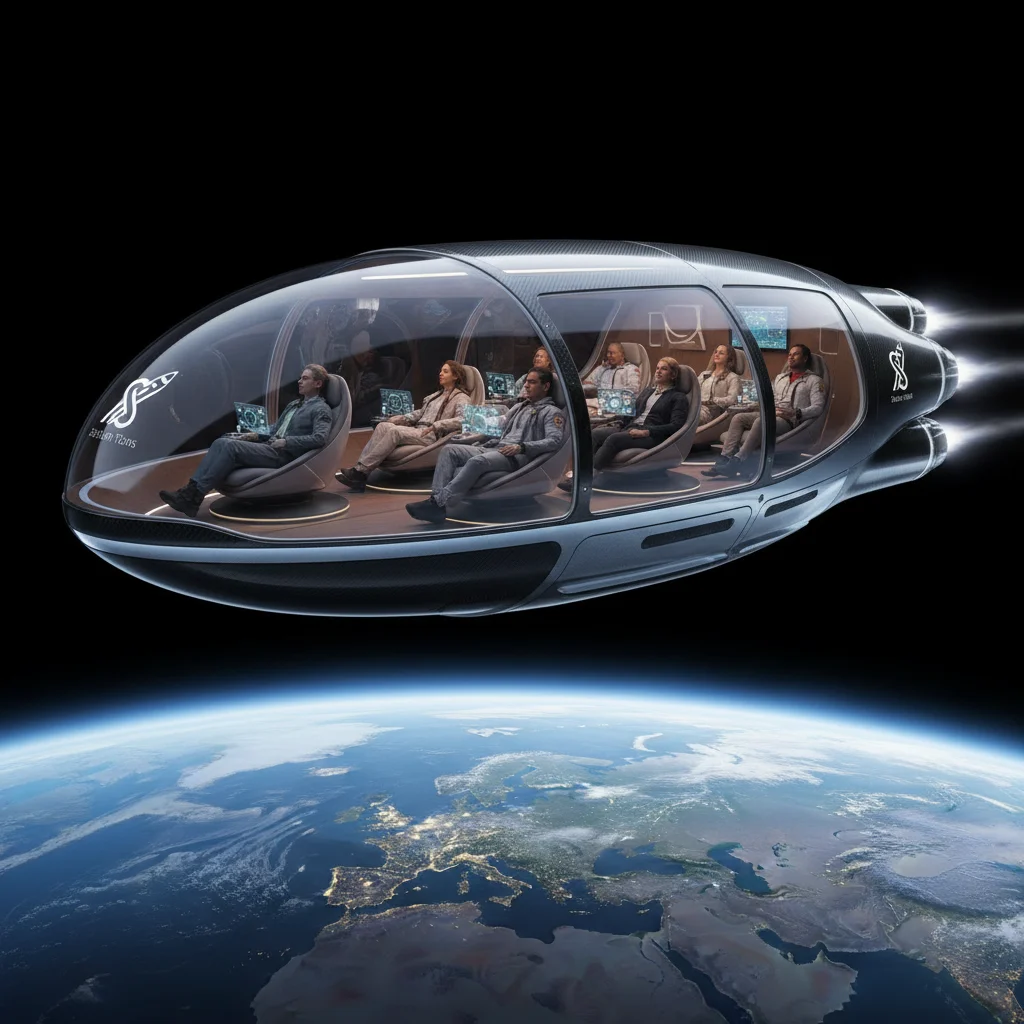 Luxury space tourism vehicle orbiting Earth with passengers enjoying the view.