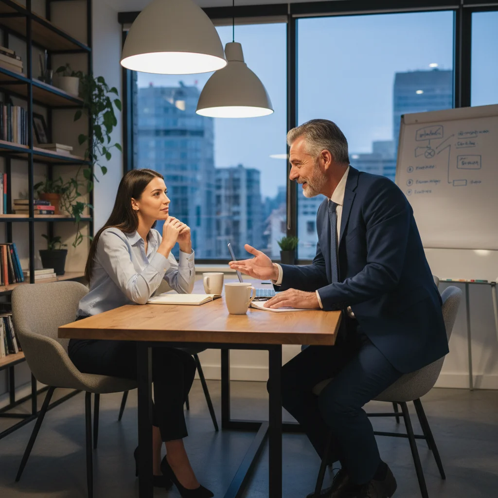 Mentor guiding mentee in a professional setting, fostering career growth.