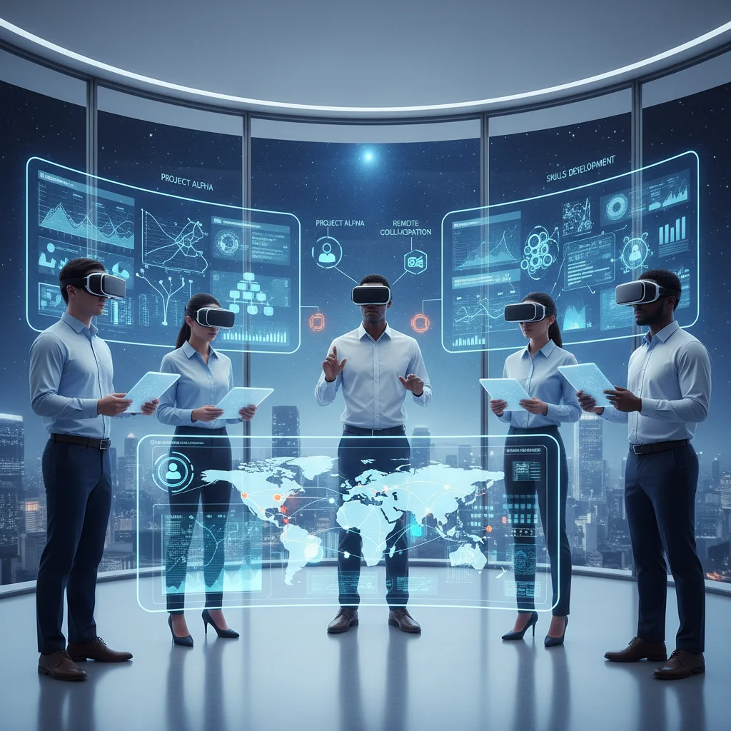 Professionals in VR headsets collaborating in a virtual meeting, showcasing metaverse enterprise applications.