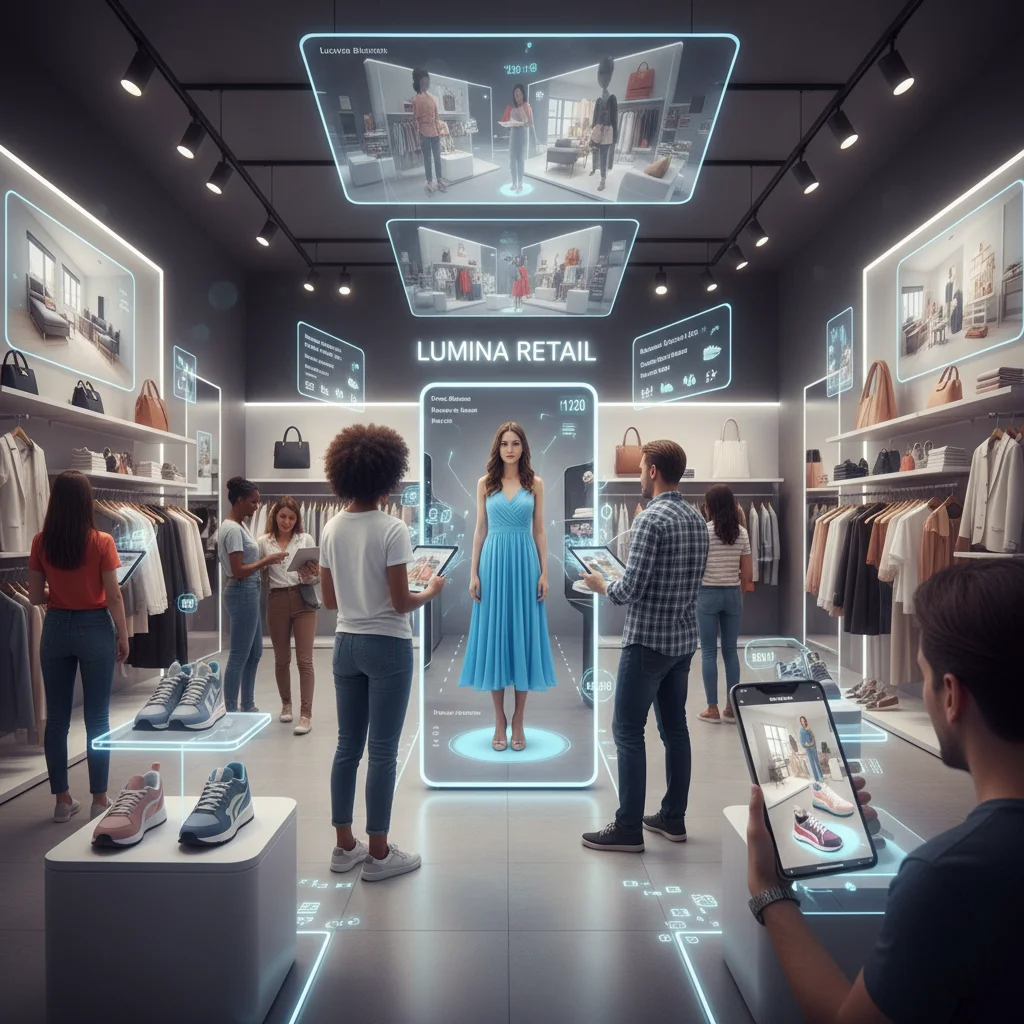 Retail store with augmented reality overlays, enhancing customer experience and product interaction.