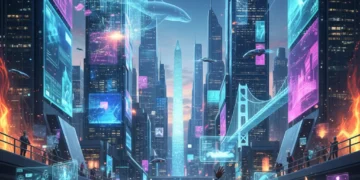 Futuristic cityscape with holographic projections and people interacting in the metaverse, representing U.S. industries' digital transformation.