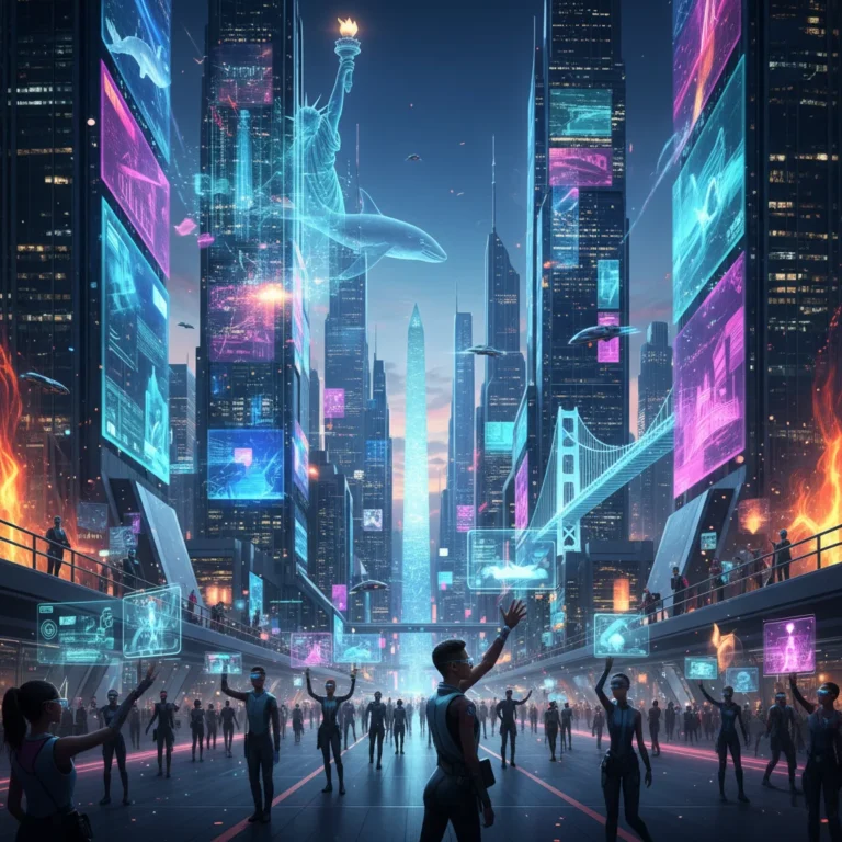 Futuristic cityscape with holographic projections and people interacting in the metaverse, representing U.S. industries' digital transformation.