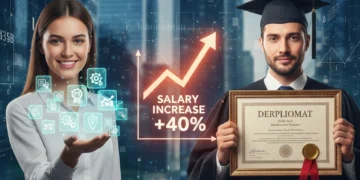 Micro-credentials badges versus traditional degree diploma with salary growth chart