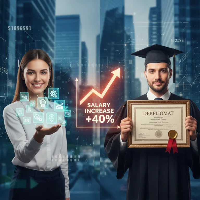 Micro-credentials badges versus traditional degree diploma with salary growth chart