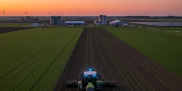 Modern U.S. farm with advanced agricultural technology in 2026