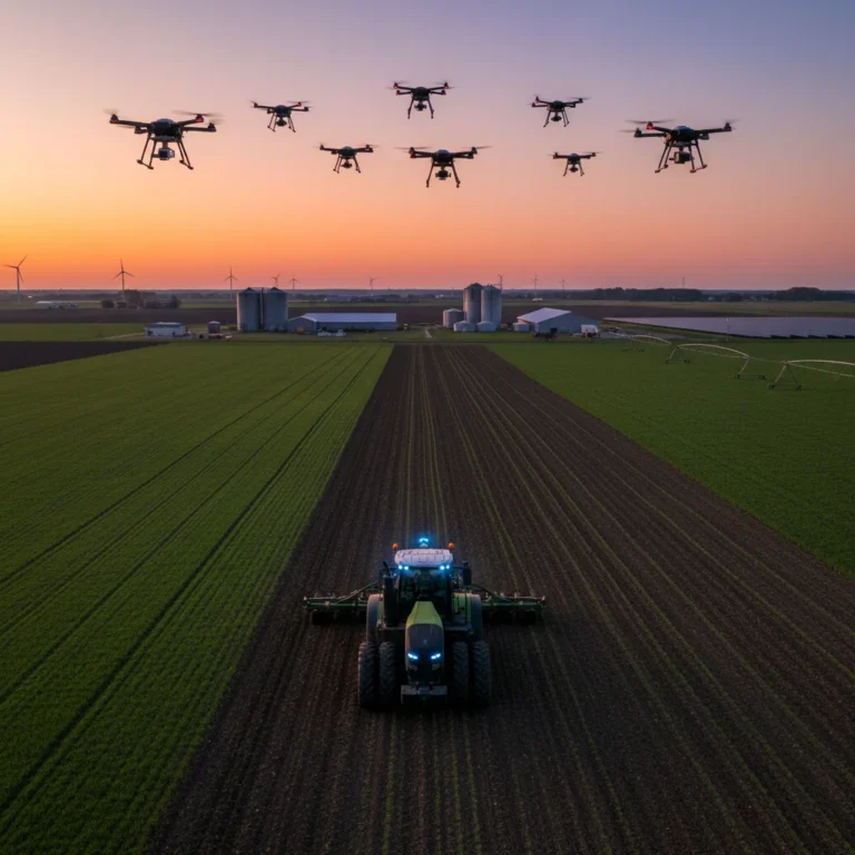 Modern U.S. farm with advanced agricultural technology in 2026