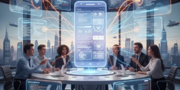 Futuristic digital interface showing no-code/low-code development with team collaboration