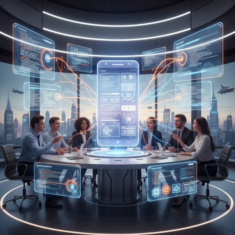Futuristic digital interface showing no-code/low-code development with team collaboration