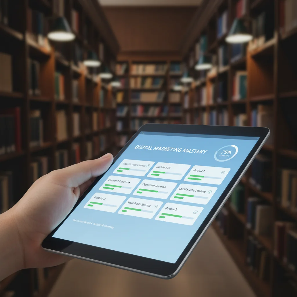 Hand holding a tablet displaying an online course with progress tracking.