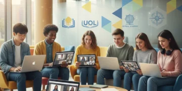 Students learning online with university logos, representing free online courses in 2026