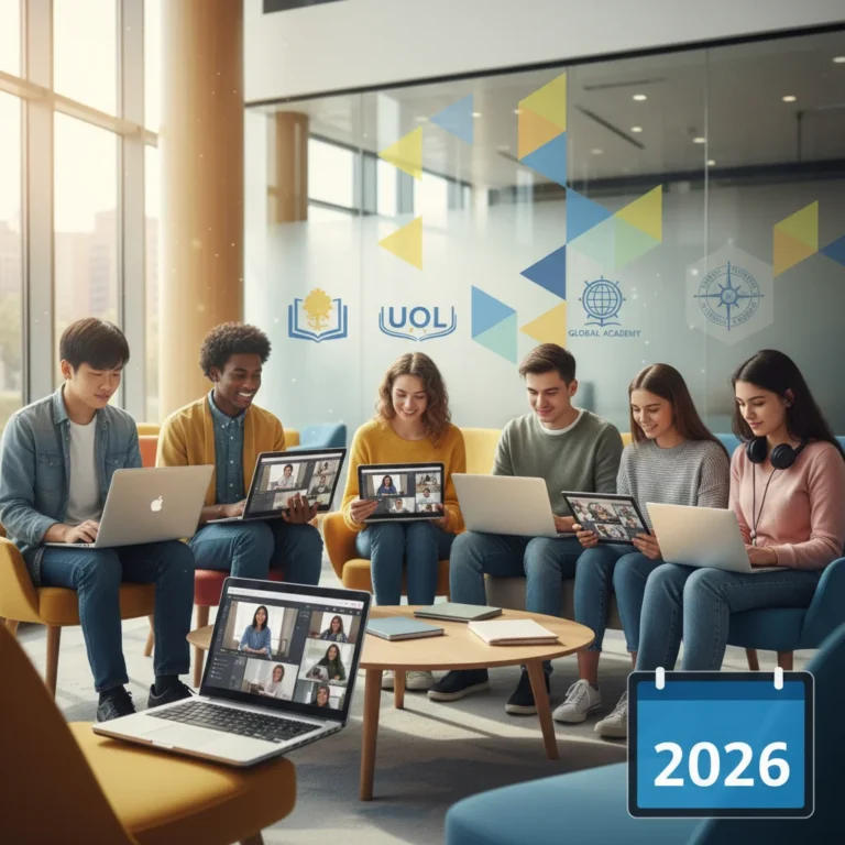 Students learning online with university logos, representing free online courses in 2026
