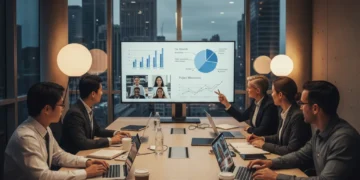 Professionals collaborating virtually on an online MBA project