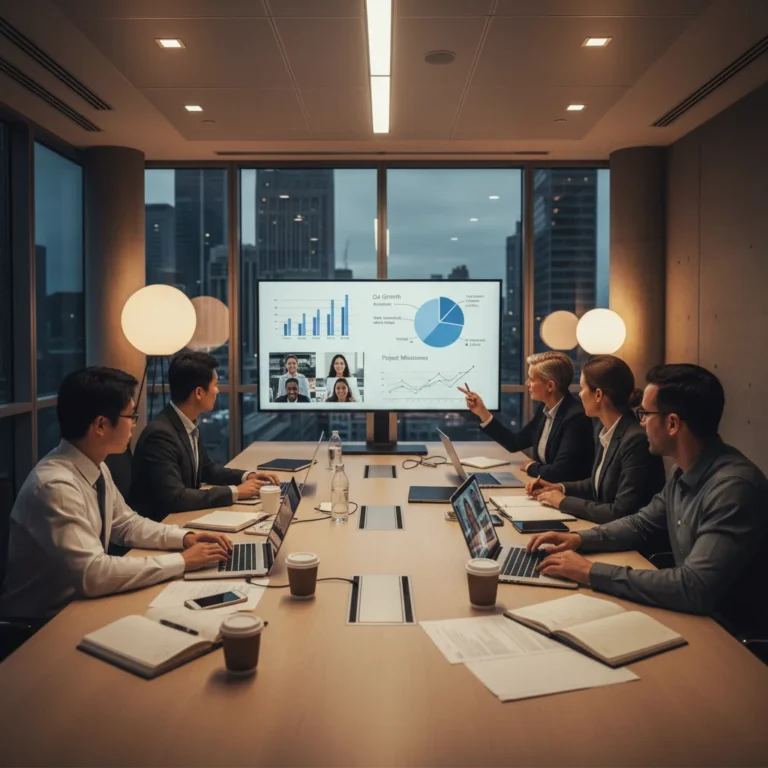 Professionals collaborating virtually on an online MBA project