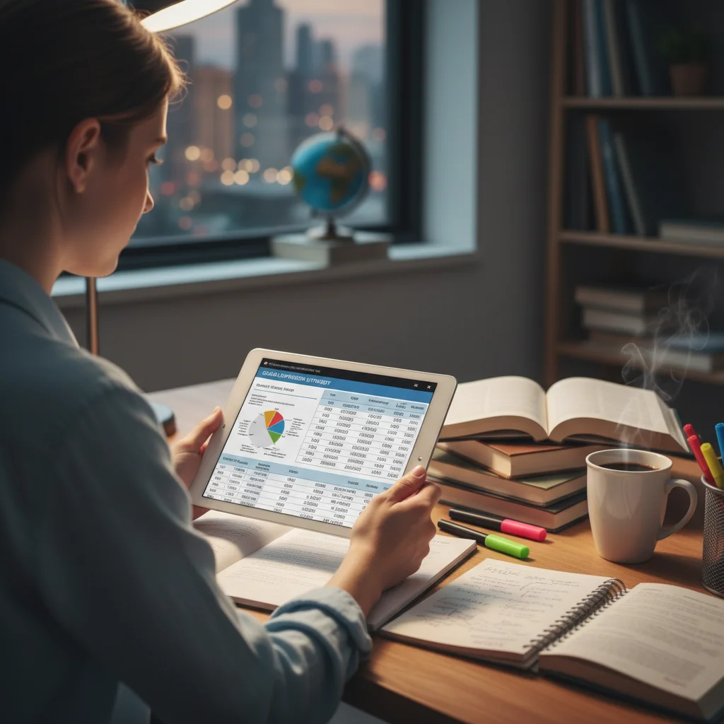 Online MBA student studying financial data on a tablet