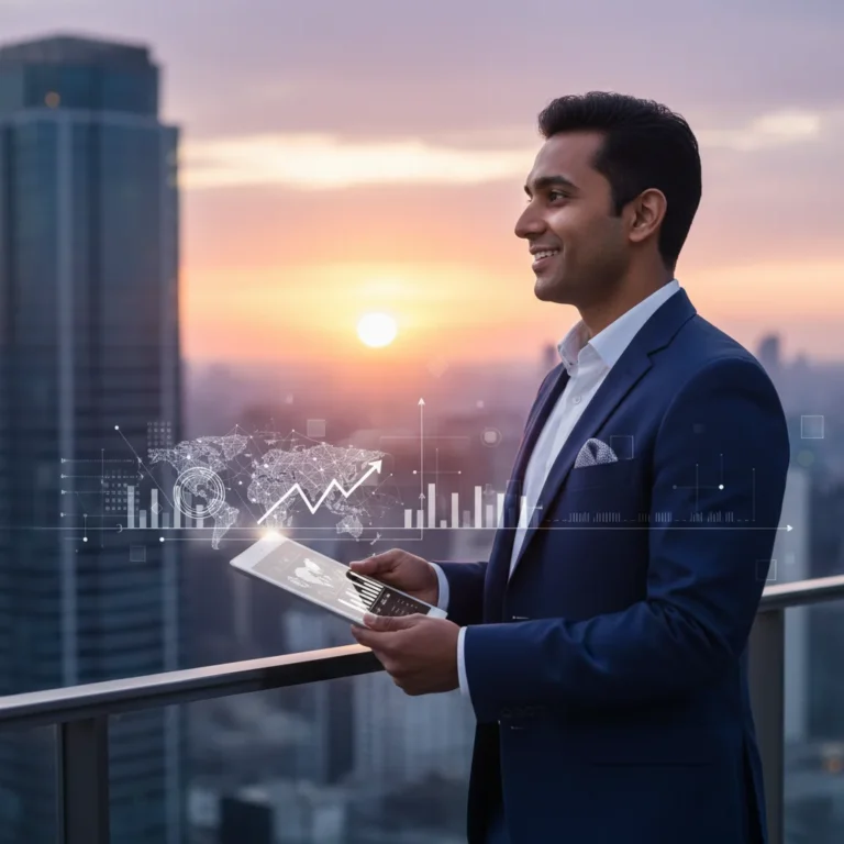 Professional individual confidently looking forward, symbolizing personal branding for career growth