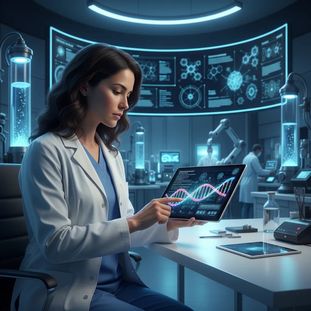 Doctor reviews genetic data for personalized medicine treatment plan.