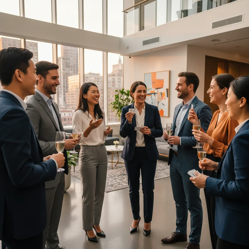 Professionals networking and exchanging business cards at an event