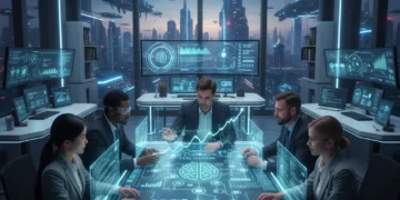 Professionals collaborating on future market trends for upskilling
