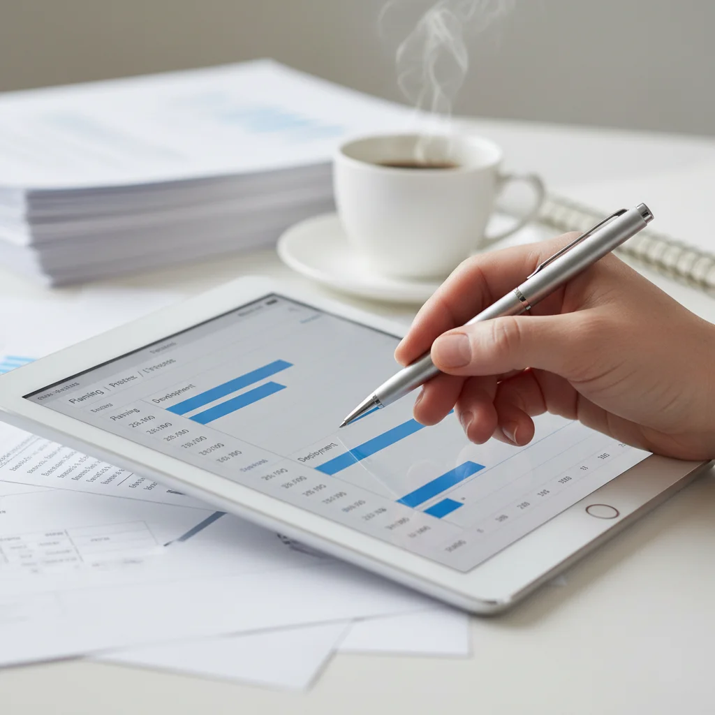 Hand pointing to a project management Gantt chart on a tablet, symbolizing PMP certification.
