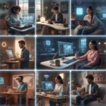Students thriving in remote learning environments, focused on their screens with modern tech.