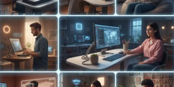 Students thriving in remote learning environments, focused on their screens with modern tech.