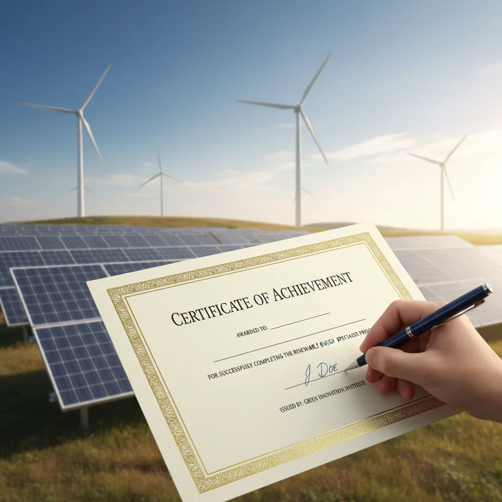 Hand signing a renewable energy specialist certification document