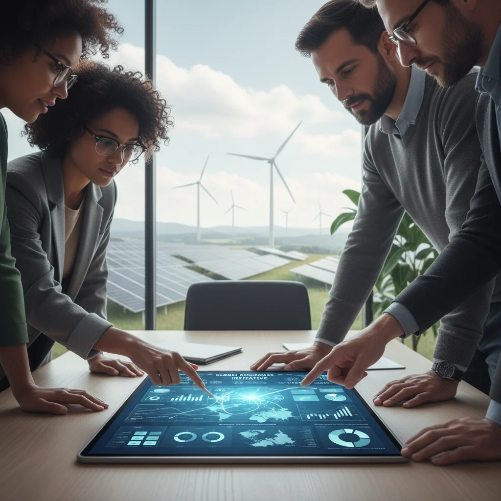 Professionals analyzing renewable energy investment data on a tablet.