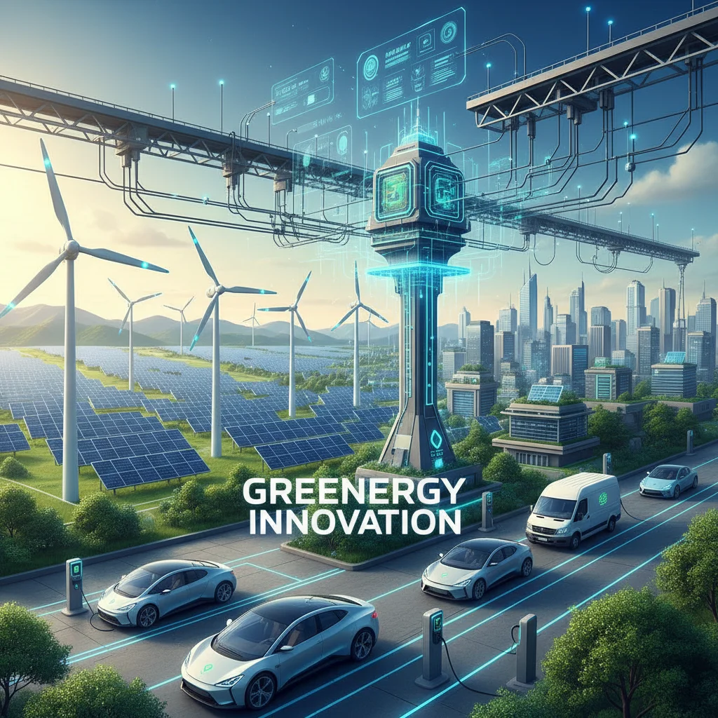Solar panels, wind turbines, and electric vehicles, representing growth in the renewable energy sector.