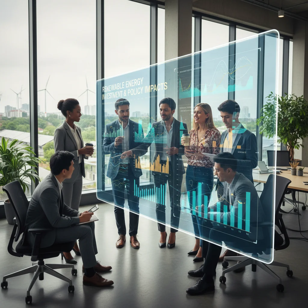 Professionals analyzing data on renewable energy investments and policy impacts in a collaborative office setting.