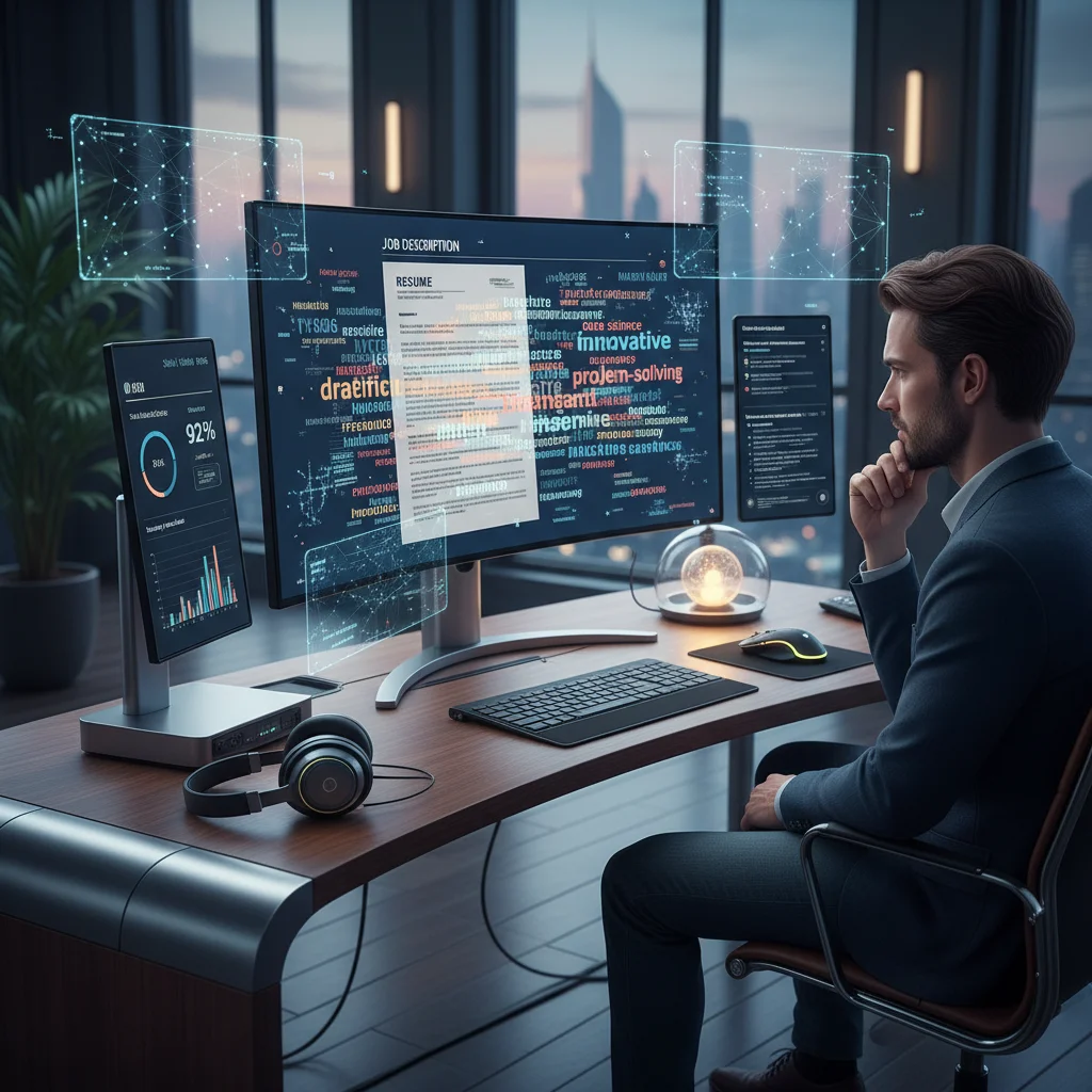 Person optimizing resume using AI tools, reviewing keyword density and job description alignment