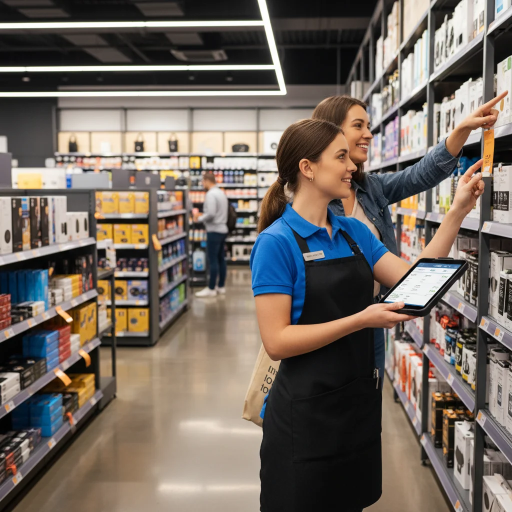 Retail employee assisting customer with handheld device and inventory management