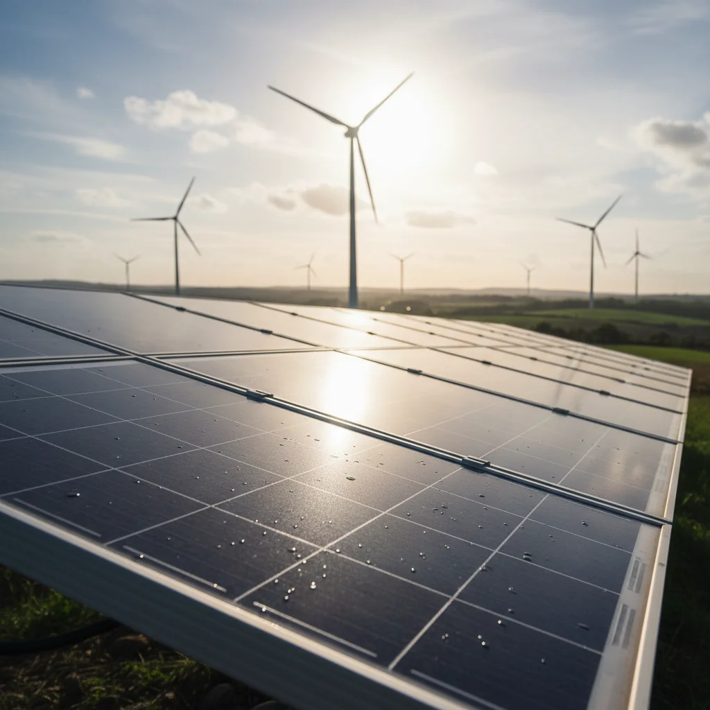 Synergistic solar panels and wind turbines, showcasing technological advancements in renewable energy.