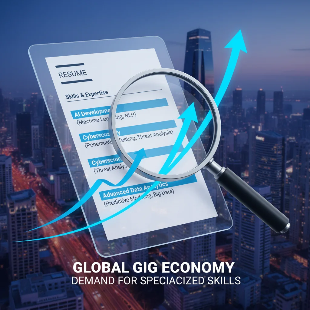 Magnifying glass over a resume emphasizing specialized skills like AI and cybersecurity, indicating rising demand in the gig economy.