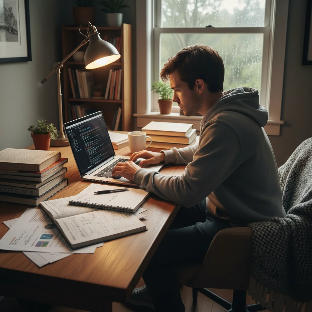 Student studying data science concepts independently with textbooks and laptop.