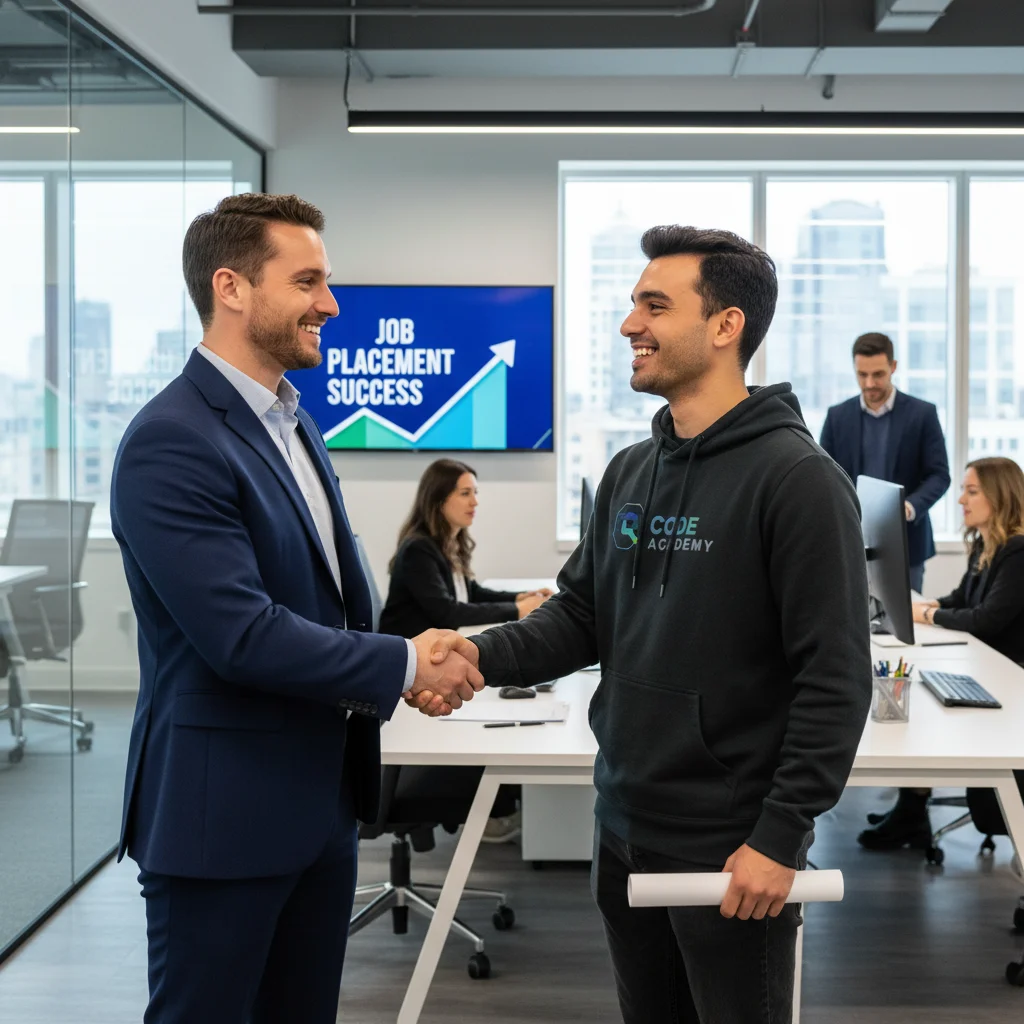 Career counselor shaking hands with a coding bootcamp graduate, symbolizing job success.