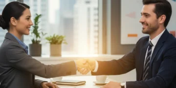 Professional shaking hands with interviewer after successful job interview