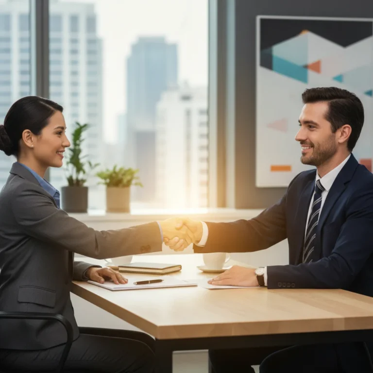 Professional shaking hands with interviewer after successful job interview
