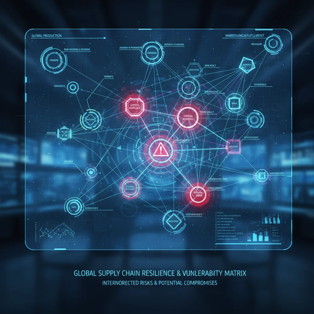Complex supply chain network with highlighted vulnerability points, illustrating third-party risk