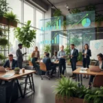 Sustainable Business Trends: US Companies ROI & Future Growth Business professionals collaborating on sustainable strategies with positive financial projections.
