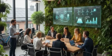 Professionals collaborating on sustainable business strategies in a modern green office.
